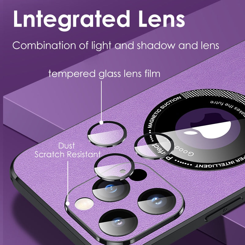 iPhone Case Magsafe Leather Shell Glass With Lens Film Protection - Casefy