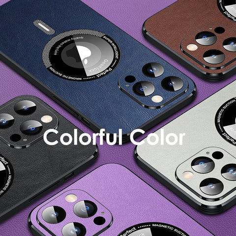 iPhone Case Magsafe Leather Shell Glass With Lens Film Protection - Casefy