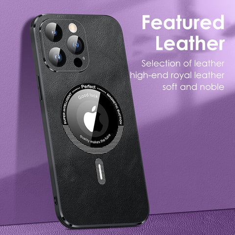 iPhone Case Magsafe Leather Shell Glass With Lens Film Protection - Casefy