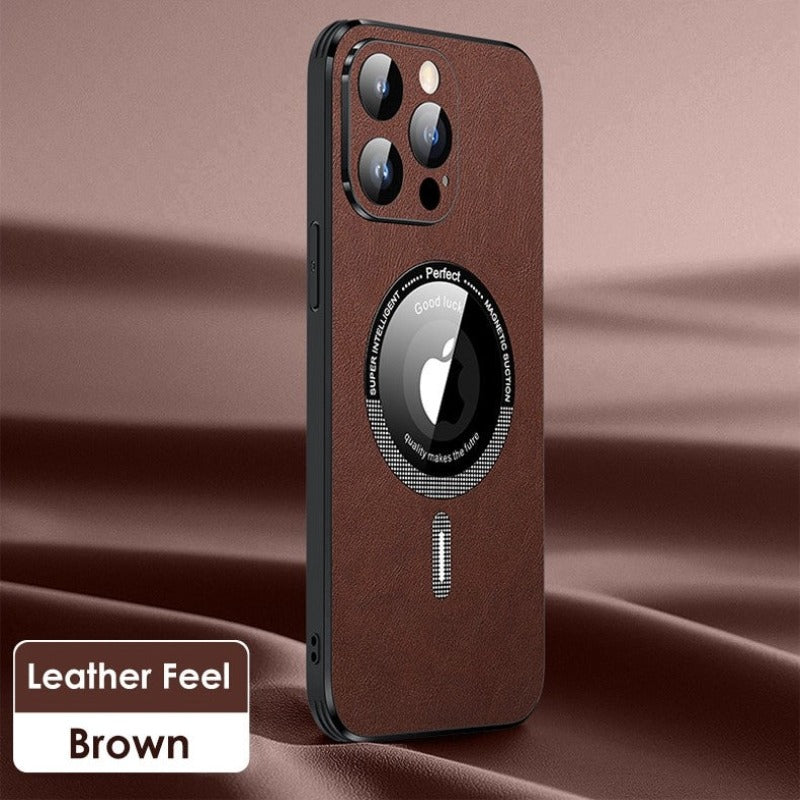 iPhone Case Magsafe Leather Shell Glass With Lens Film Protection - Casefy